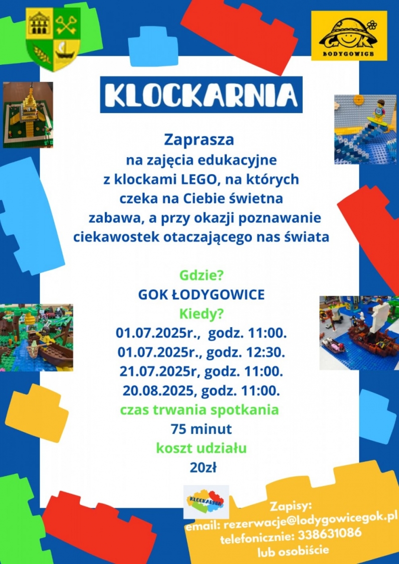 WARSZTATY WAKACYJNE KLOCKARNIA ZAPRASZAMY DO UDZIAŁU!!! TRWAJĄ ZAPISY - DODATKOWE TERMINY !!!