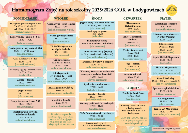 HARMONOGRAM ZAJĘĆ GOK ŁODYGOWICE ROK SZKOLNY 2025/2026