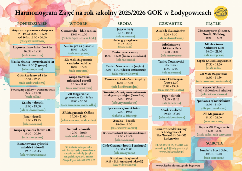 HARMONOGRAM ZAJĘĆ GOK ŁODYGOWICE ROK SZKOLNY 2025/2026