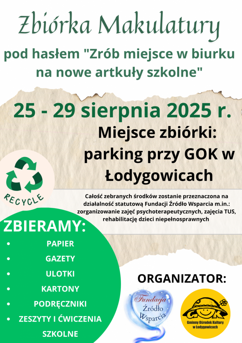 ZBIÓRKA MAKULATURY Z FUNDACJĄ ŹRÓDŁO WSPARCIA