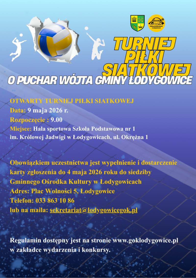 Serdecznie zapraszamy do udziału w Turnieju Piłki Siatkowej o Puchar Wójta Gminy Łodygowice!