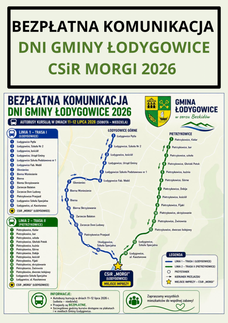 Trasa jazdy autobusów na Dni Lodygowic CSiR MORGI 2026  w dniach 11-12 Lipca! Kurs do samego CSiR Morgi!