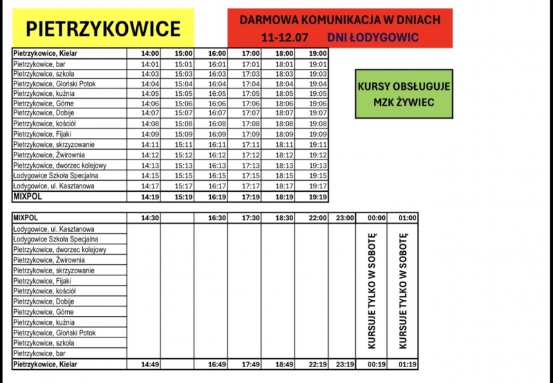 Pietrzykowice - Rozkład jazdy autobusów na Dni Lodygowic CSiR MORGI 2026  w dniach 11-12 Lipca! Kurs do samego CSiR MORGI!
