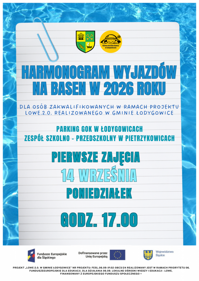 Harmonogram wyjazdów na basen dla osób zakwalifikowanych w ramach projektu LOWE 2.0 realizowanego w Gminie Łodygowice