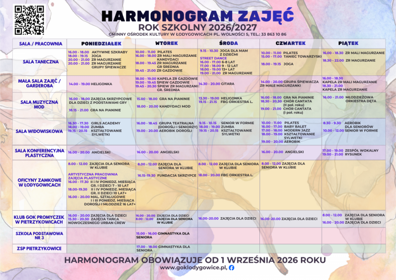 Harmonogram zajęć na 2026/2027 rok